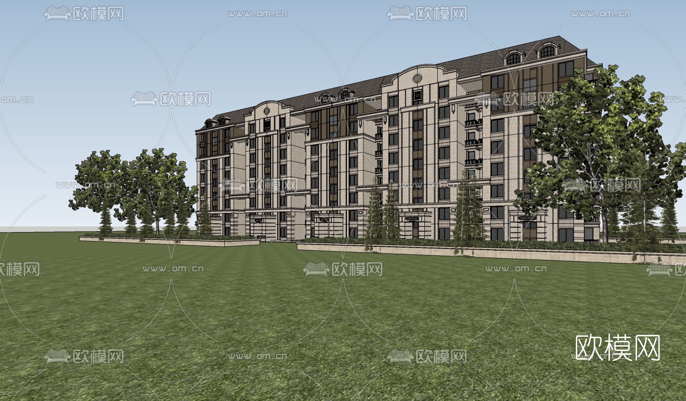 欧式古典多层公寓楼su模型下载（渲染图3）