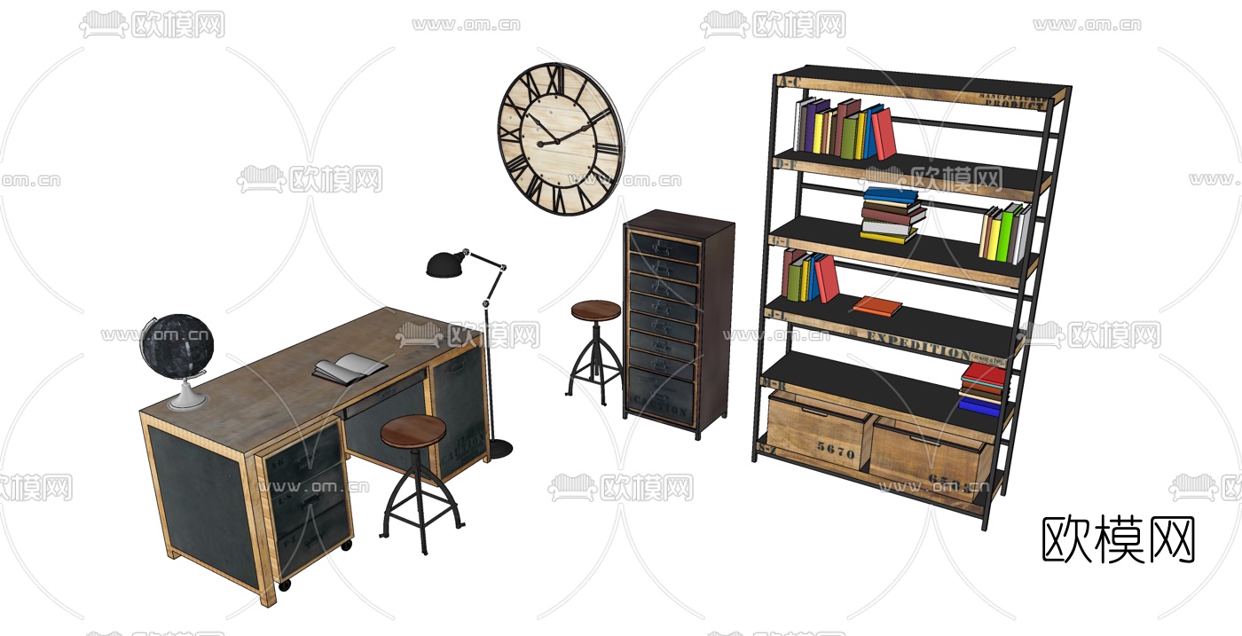 工业风书桌椅su模型下载（渲染图1）