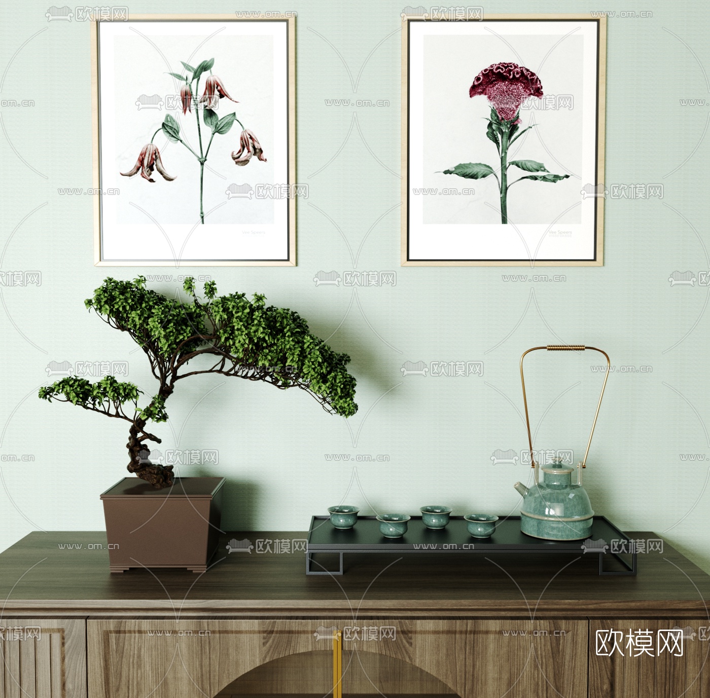 现代茶具松树装饰画摆件3d模型