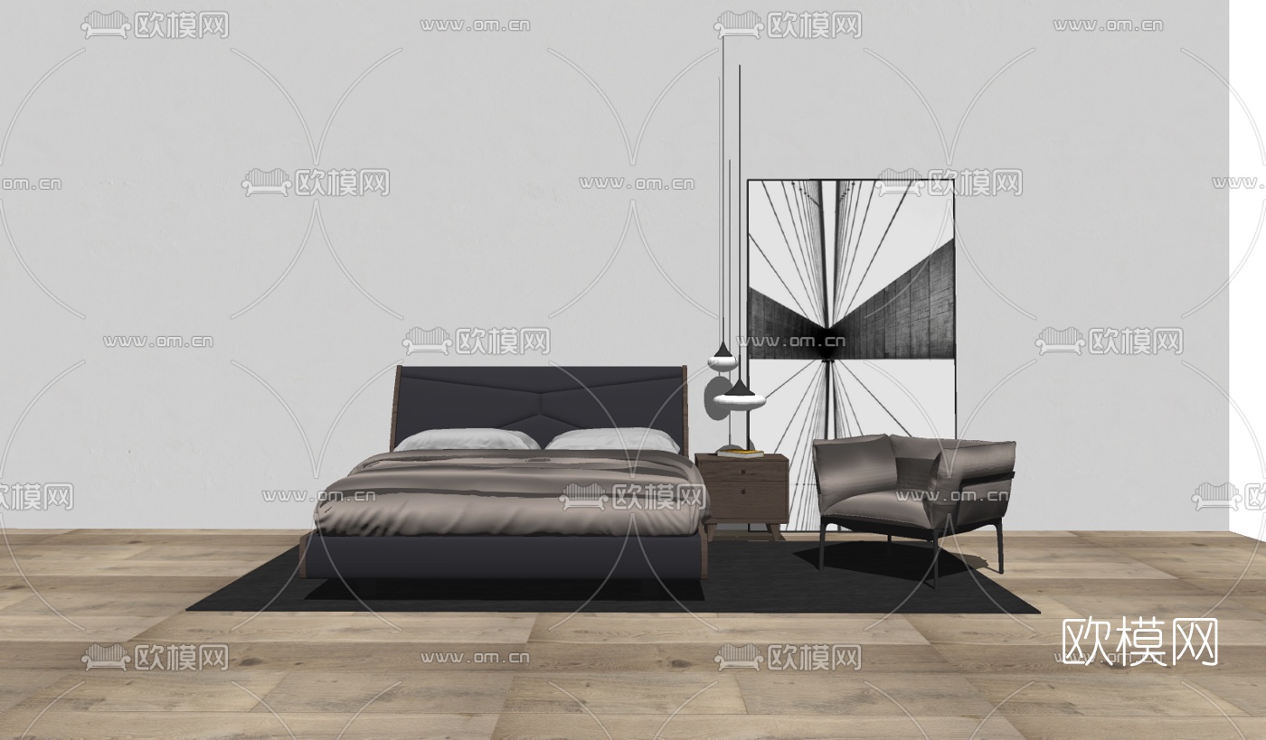 北欧双人床su模型下载（渲染图2）