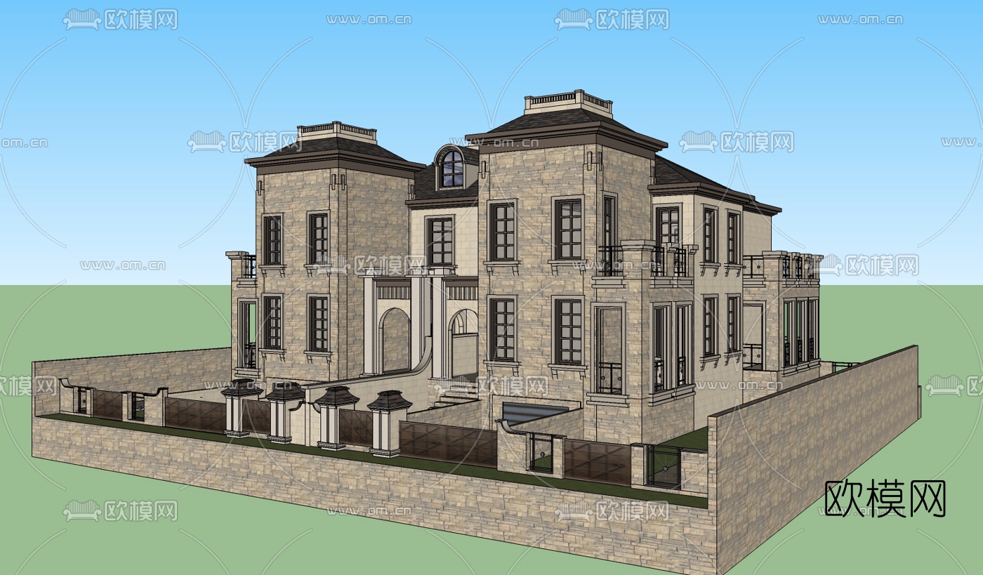欧式独栋别墅su模型下载（渲染图3）