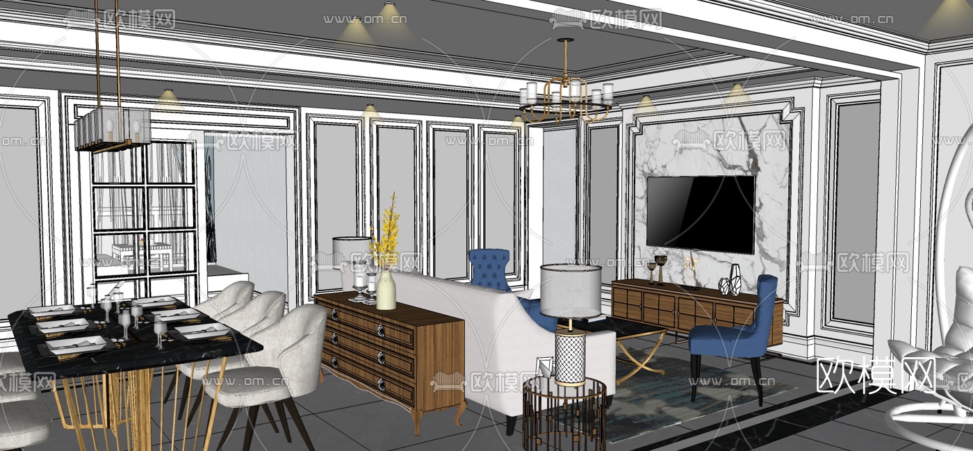 美式轻奢客餐厅su模型下载（渲染图6）