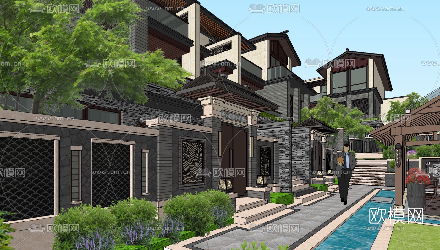 新中式别墅su模型下载（渲染图3）