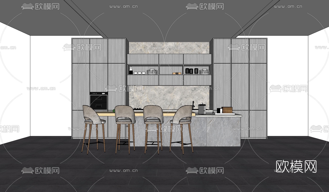 现代橱柜吧台组合su模型下载（渲染图2）