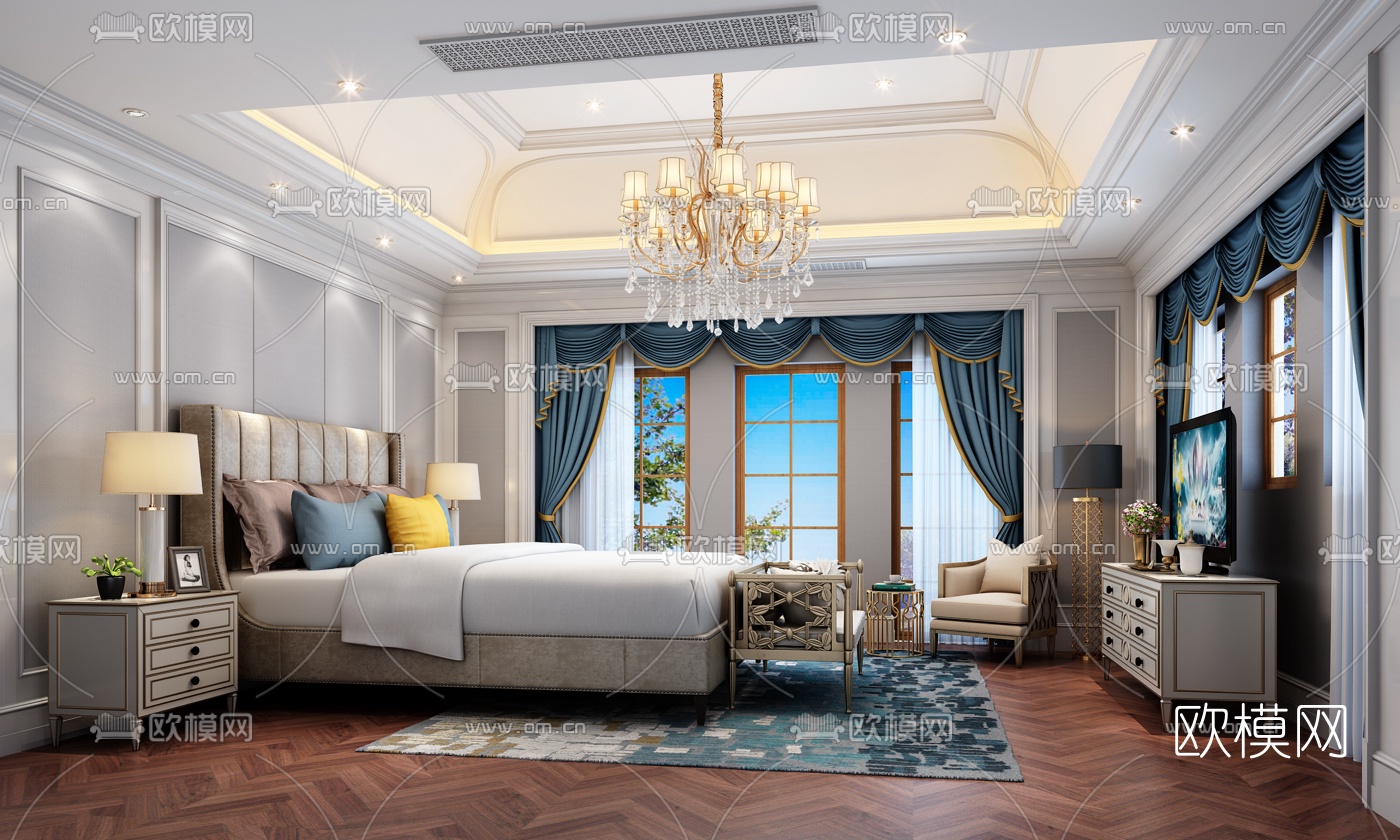 欧式新古典卧室主人房3D模型下载