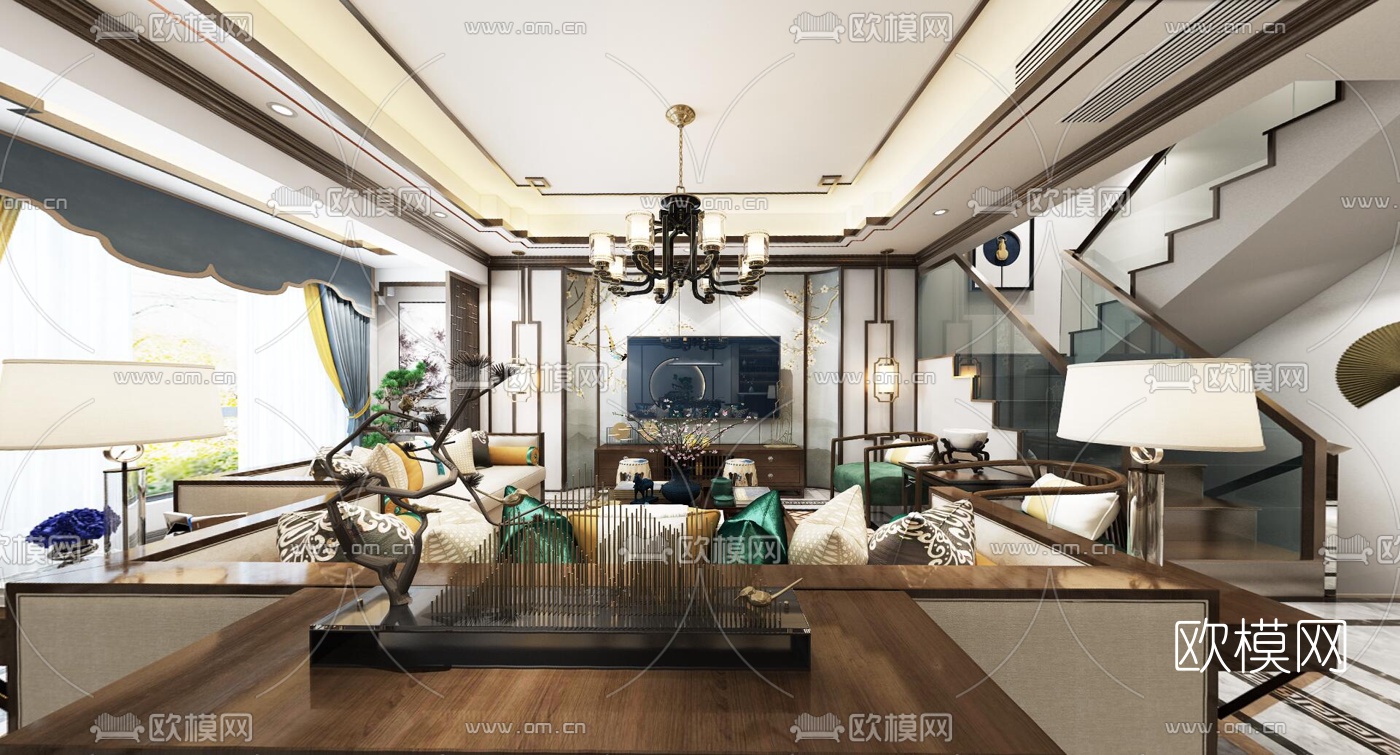 新中式客餐厅玄关全景3d模型