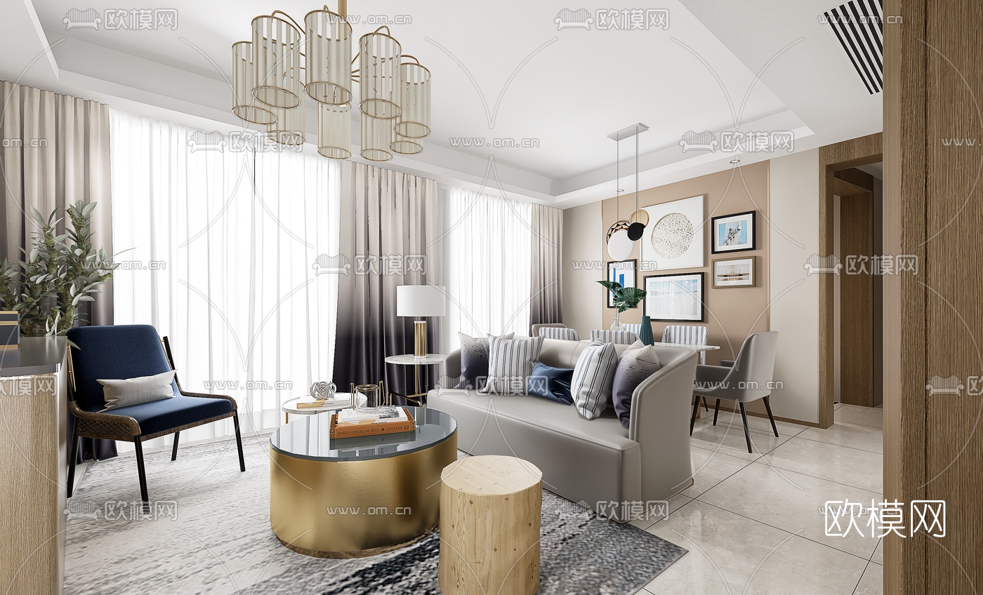 乐尚设计 现代客厅3D模型下载（渲染图1）