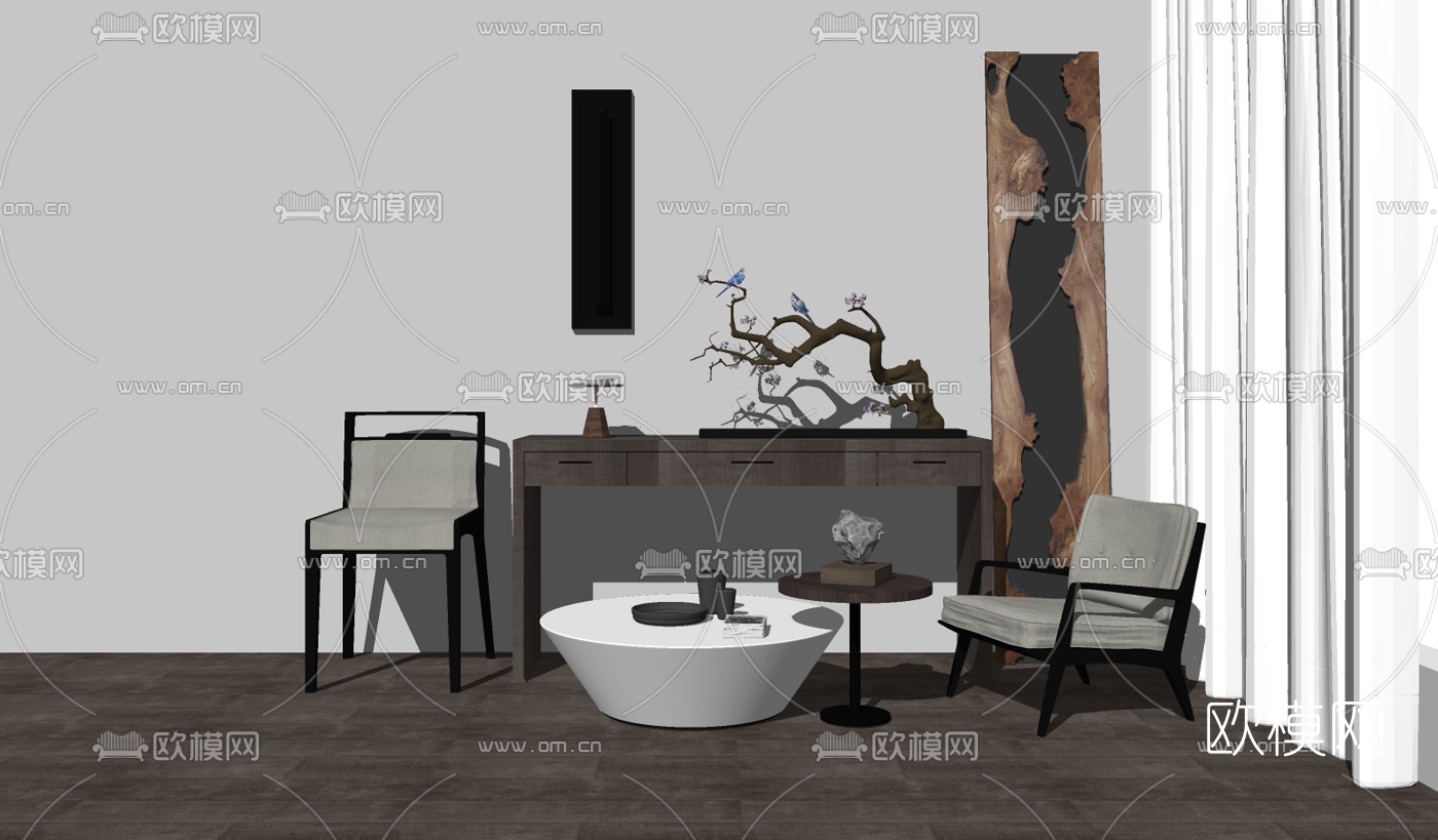 新中式边柜单椅组合su模型下载（渲染图2）