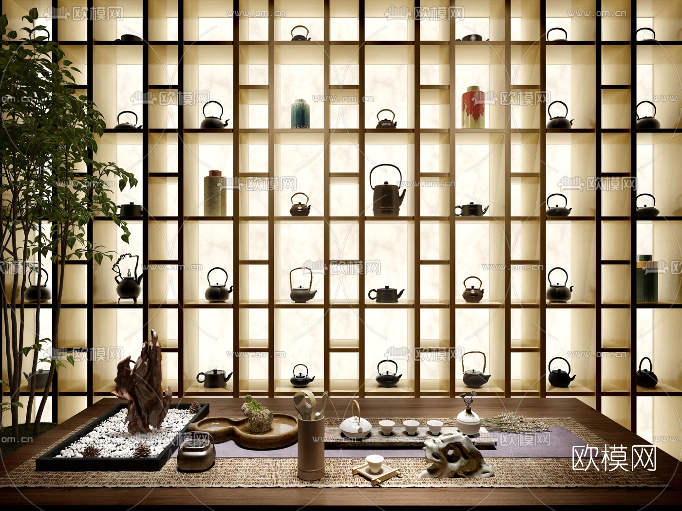 新中式茶室装饰柜组合3D模型下载