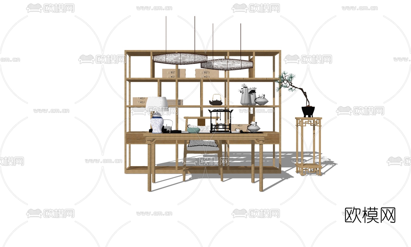 新中式书桌椅组合su模型下载（渲染图2）