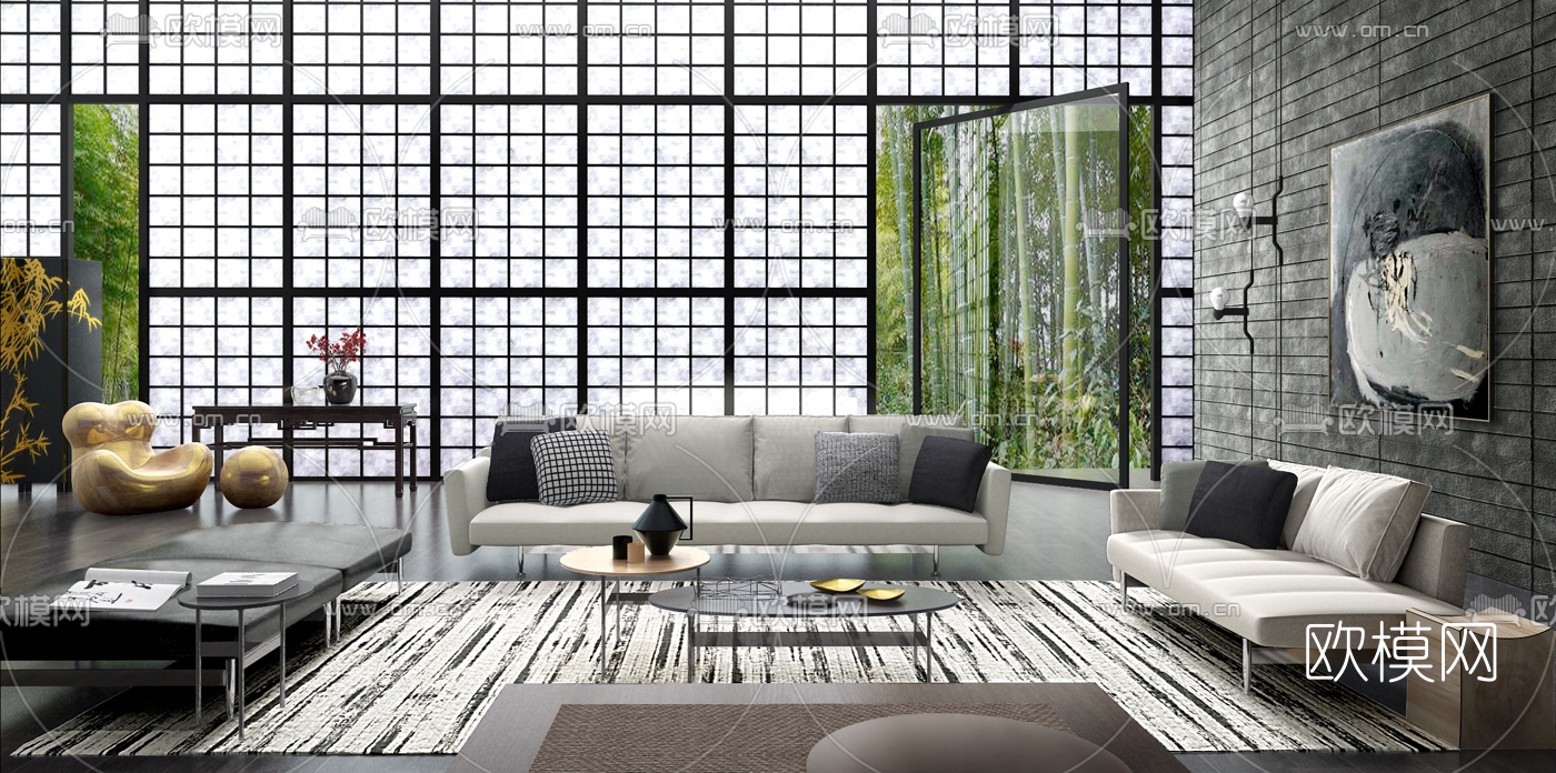 意大利B&BItalia品牌 现代客厅沙发组合摆件3D模型下载（渲染图1）