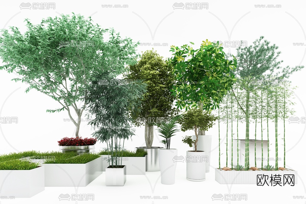 现代植物盆栽绿化组合3D模型-免费3dmax模型库-欧模网