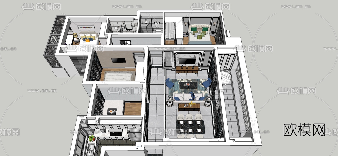 美式轻奢客餐厅su模型下载（渲染图1）