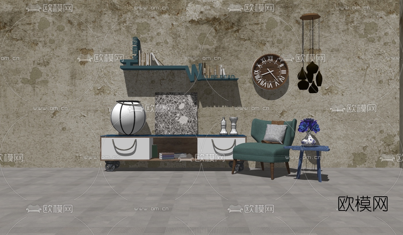 工业风电视柜单椅组合su模型下载（渲染图2）