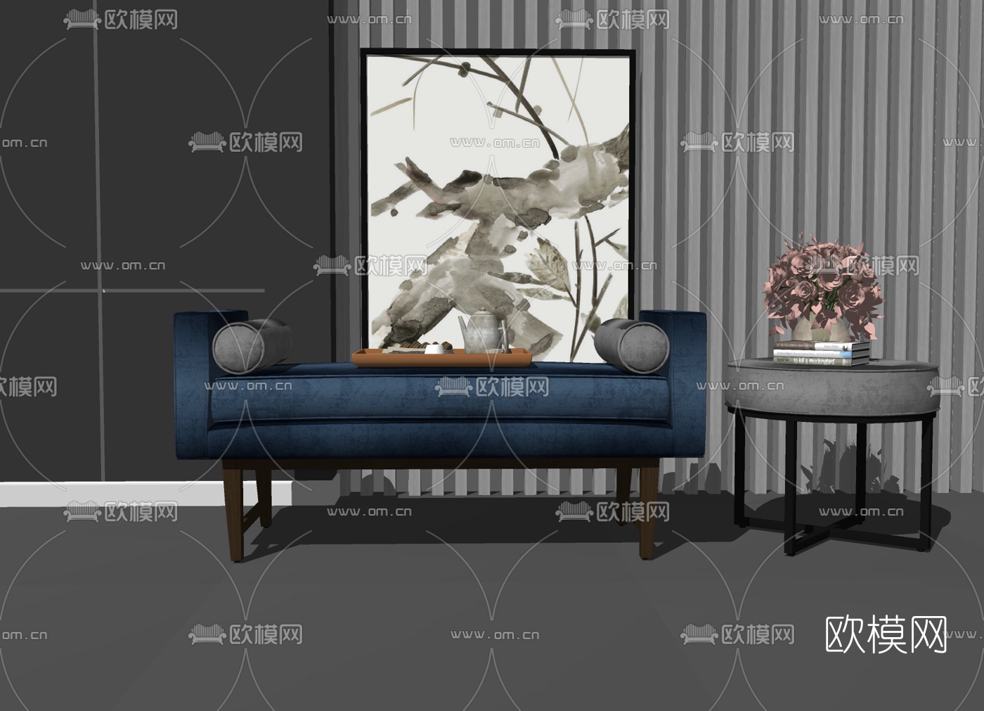 新中式布艺床尾凳脚踏su模型下载