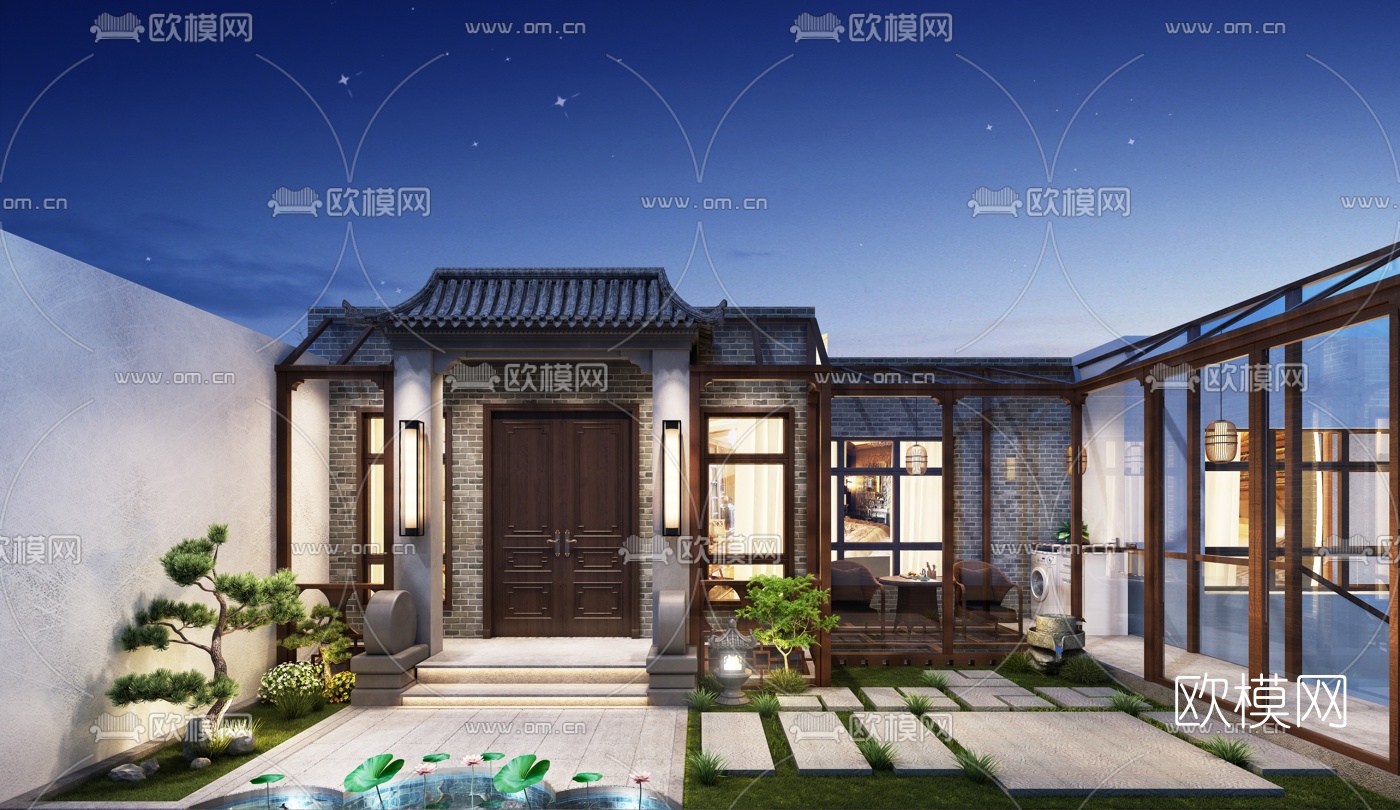 新中式庭院花园3d模型
