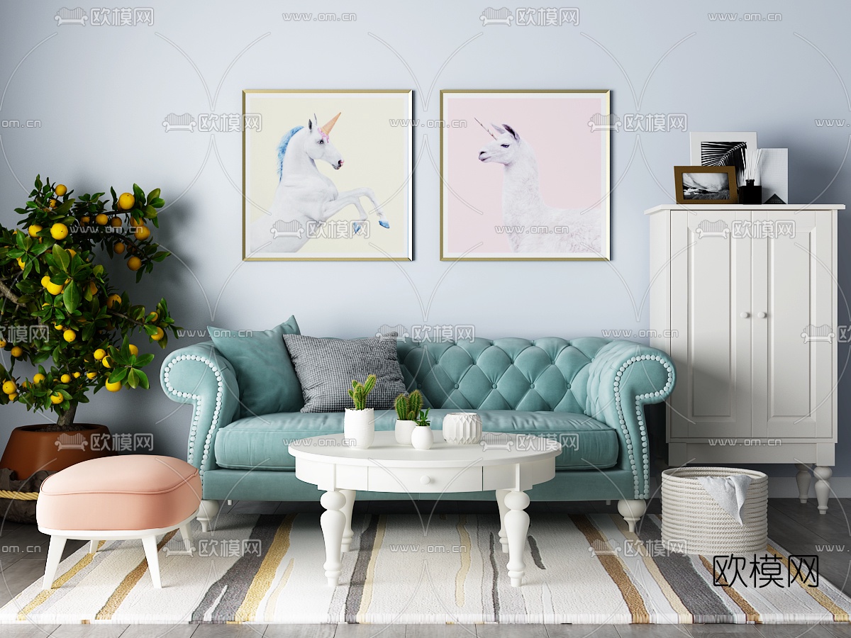 美式布艺沙发茶几装饰画盆栽边柜摆件3D模型下载