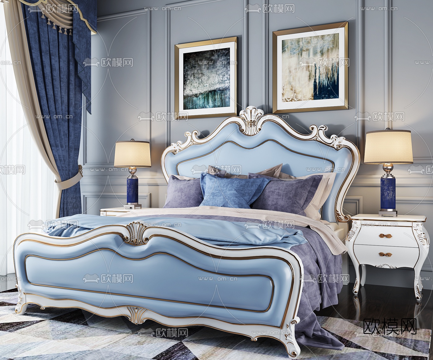 欧式皮革双人床床头柜台灯组合3D模型下载