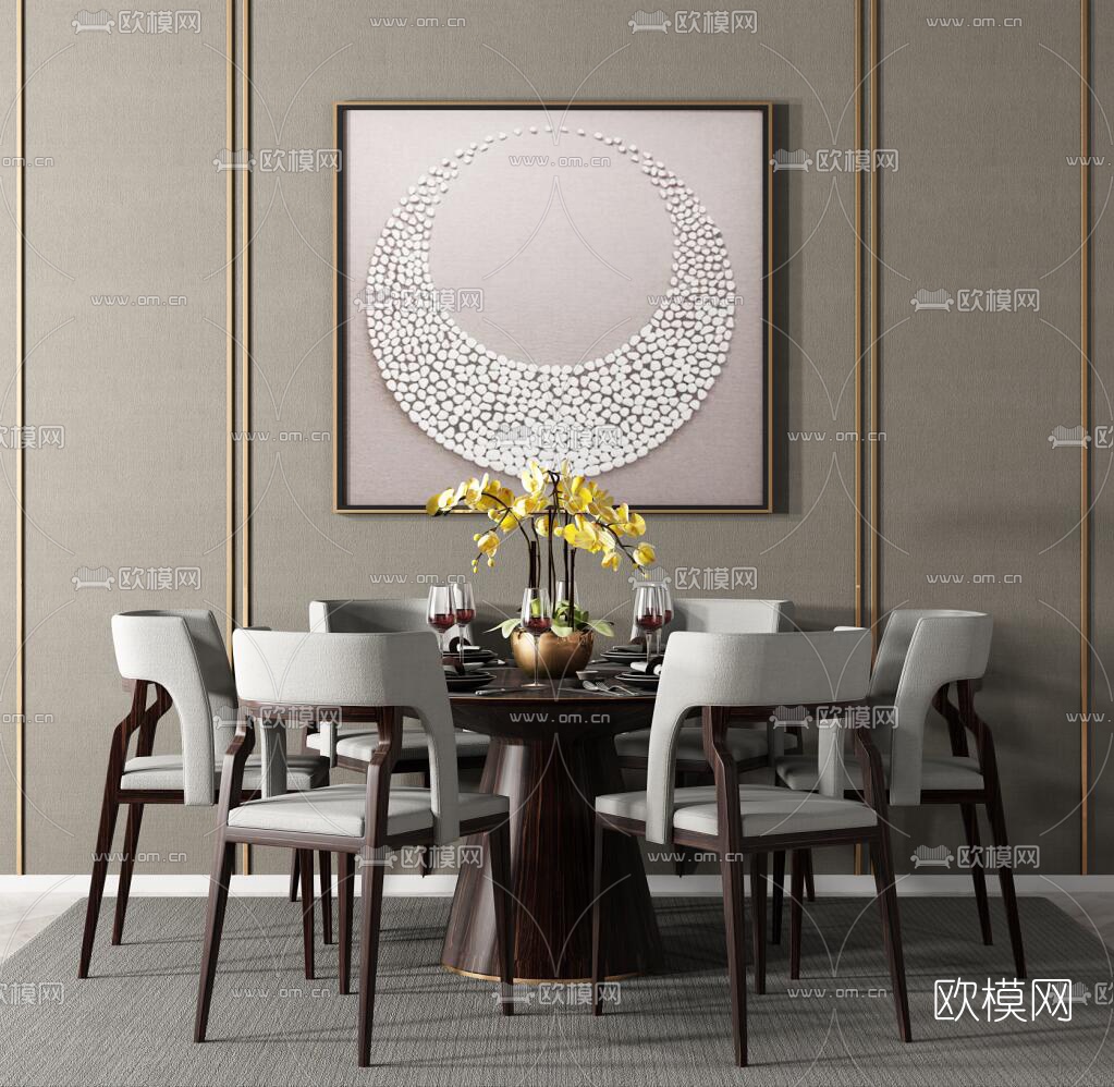 中式实木圆形餐桌椅餐具组合3D模型
