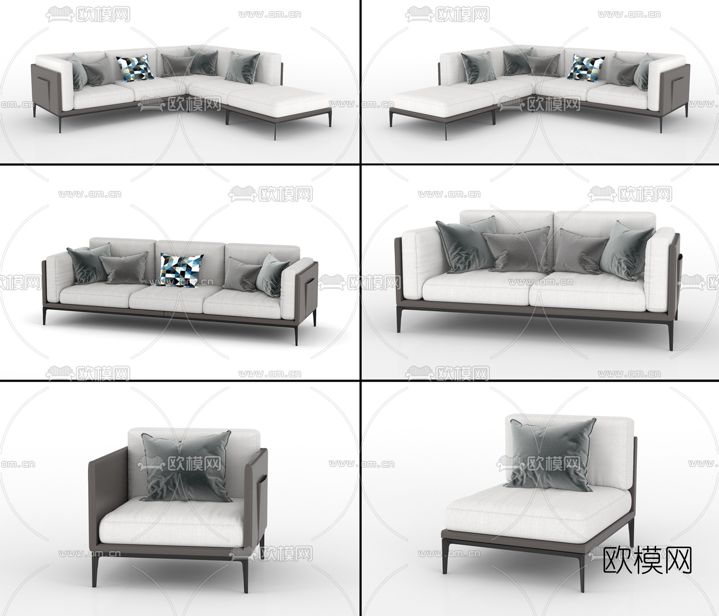 新中式布艺多人转角沙发3d模型下载