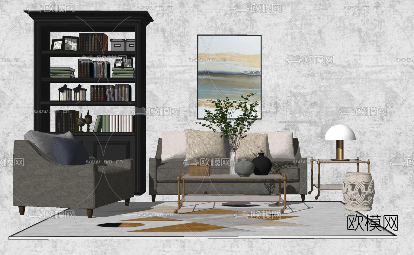 美式布艺沙发组合su模型下载（渲染图1）