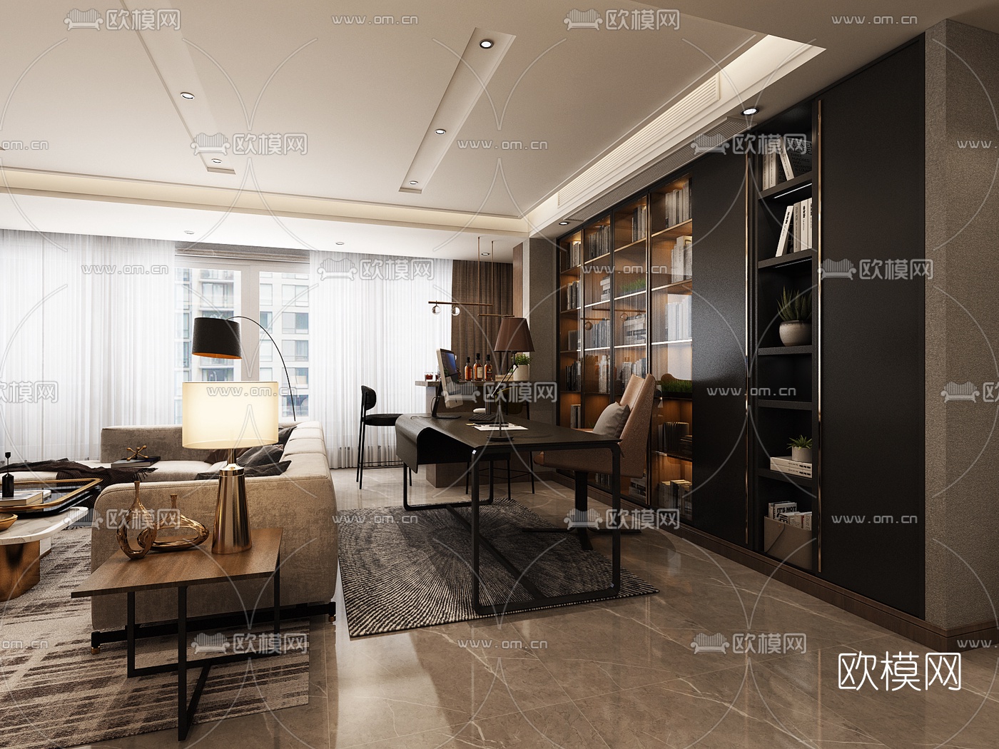 后现代客厅书房3d模型下载（渲染图3）