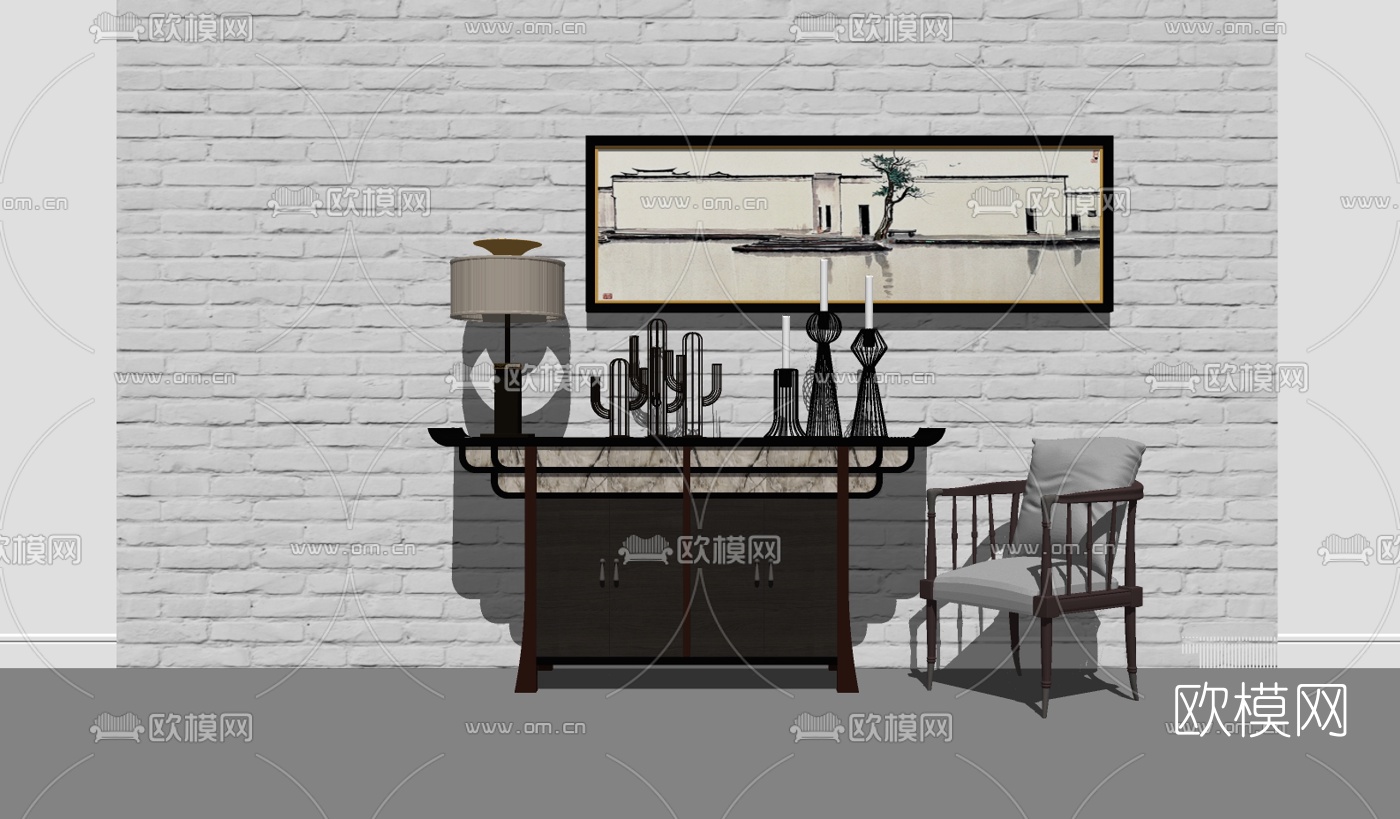中式端景柜单椅su模型下载（渲染图2）