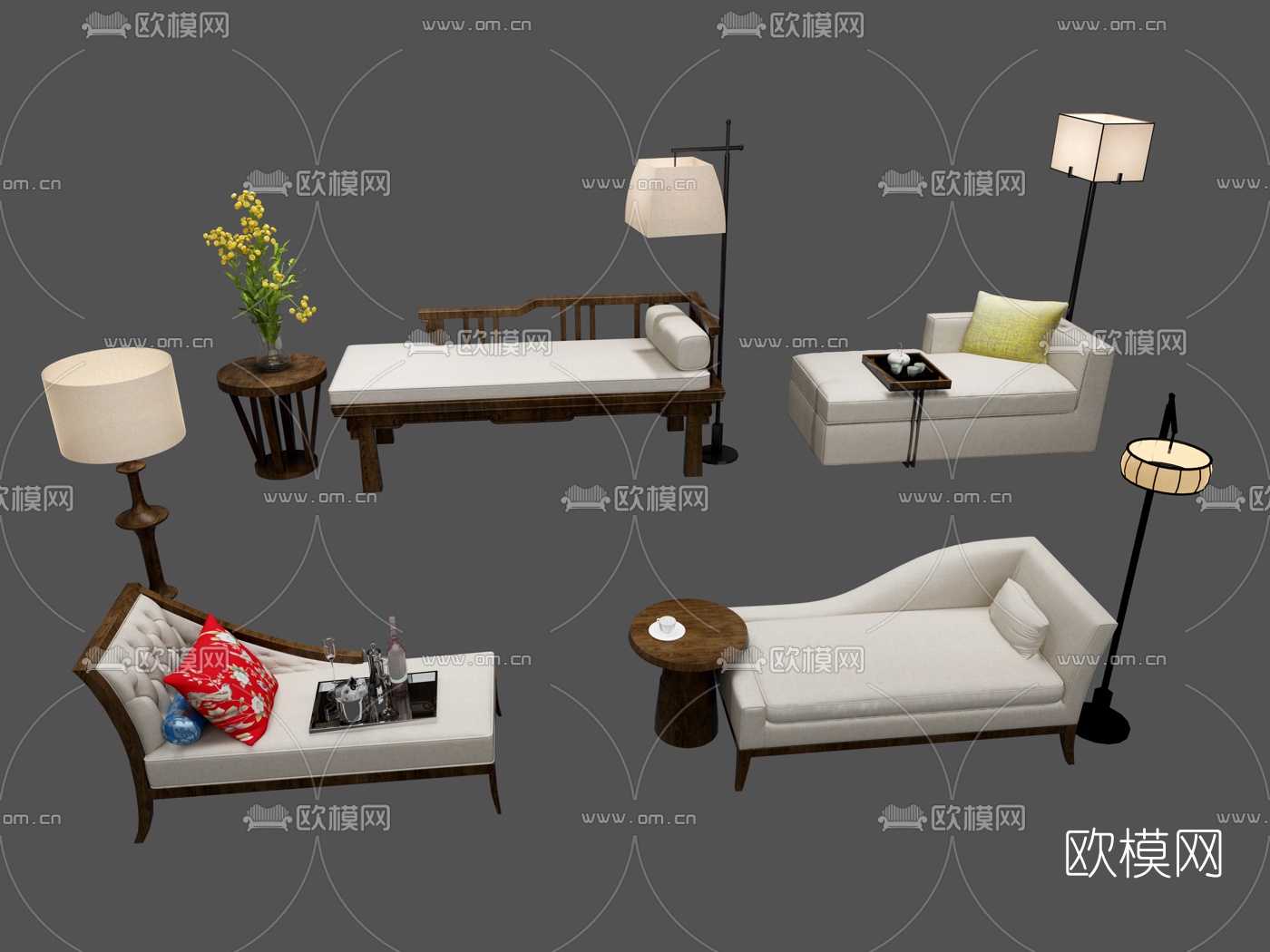 新中式布艺贵妃椅落地灯组合3D模型下载