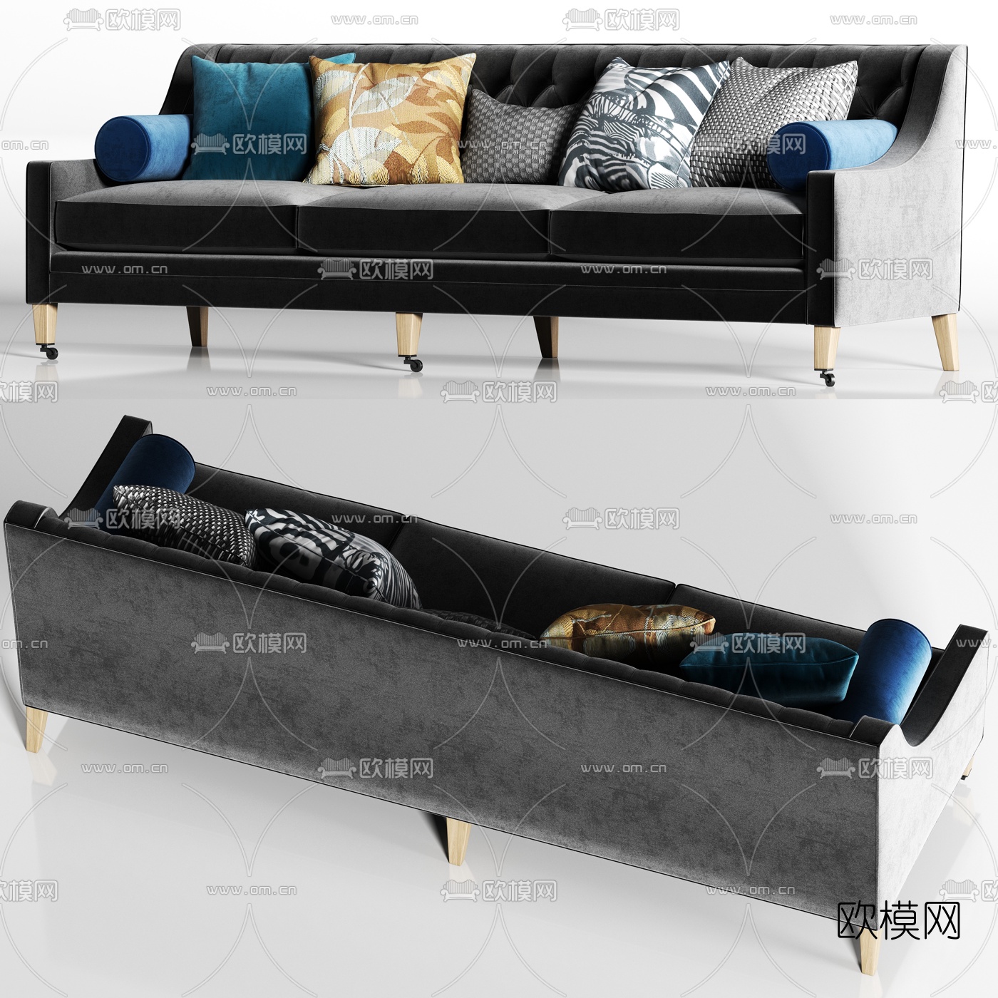 简欧布艺多人沙发3d模型-免费3dmax模型库-欧模网