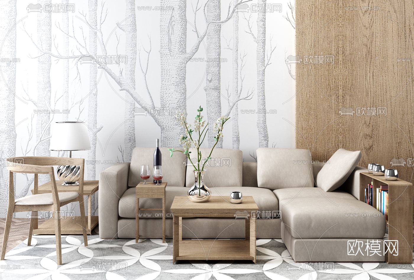 北欧布艺转角多人沙发单椅茶几组合3D模型下载