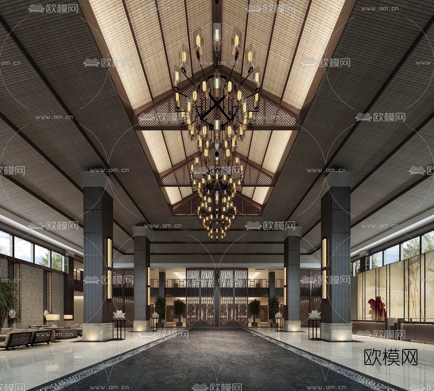 新中式酒店大堂3D模型下载_ID10062389_3dmax免费模型-欧模网