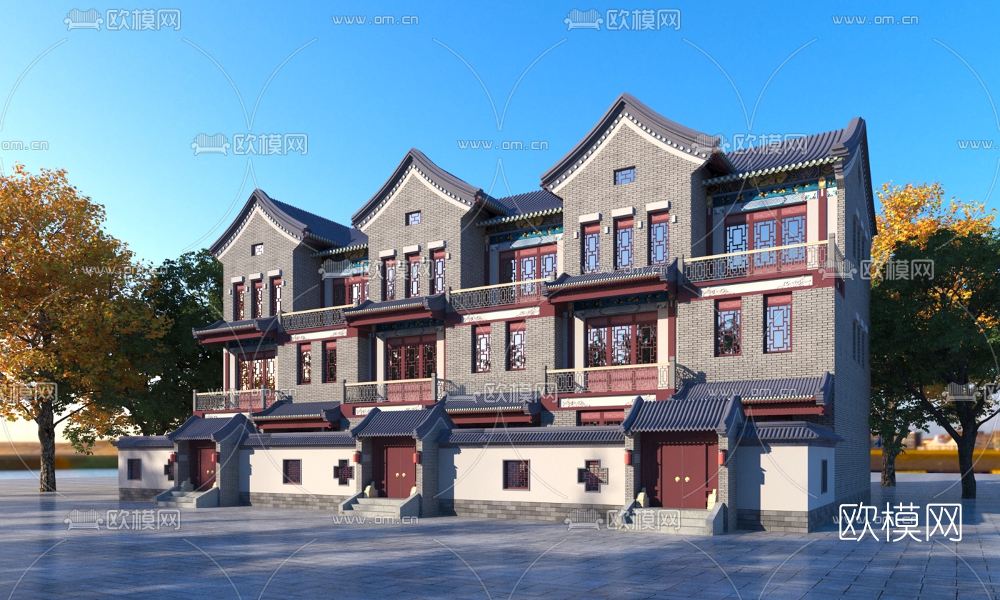 中式联排别墅外观3d模型