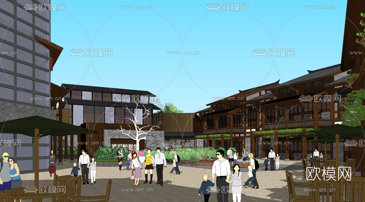 中式商业街规划su模型下载（渲染图4）