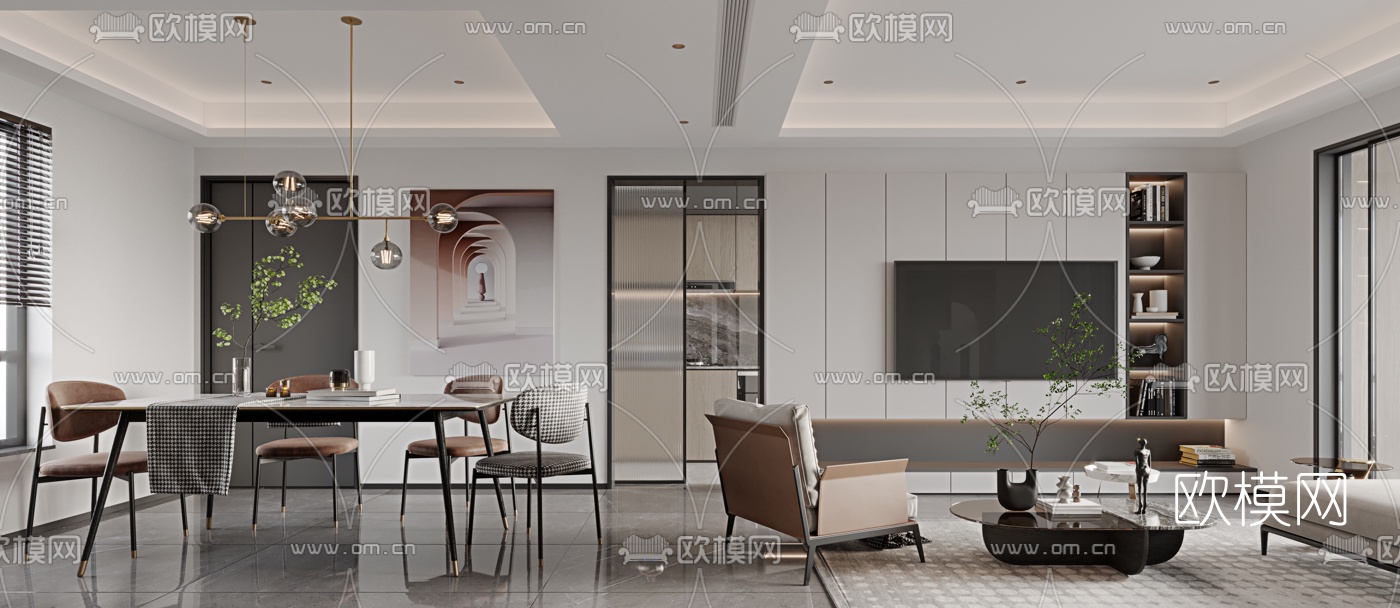 现代轻奢客厅餐厅3d模型