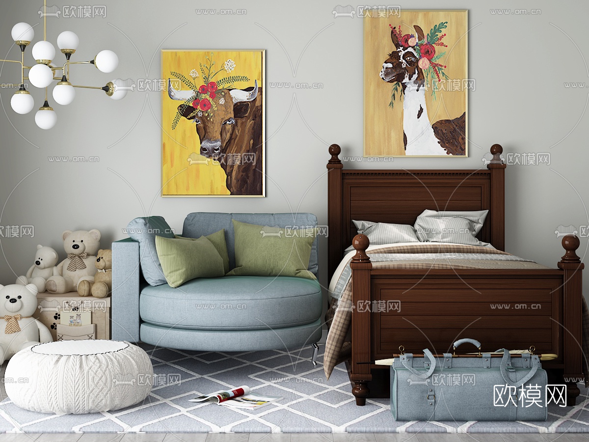 美式儿童床沙发玩具摆件组合3D模型下载