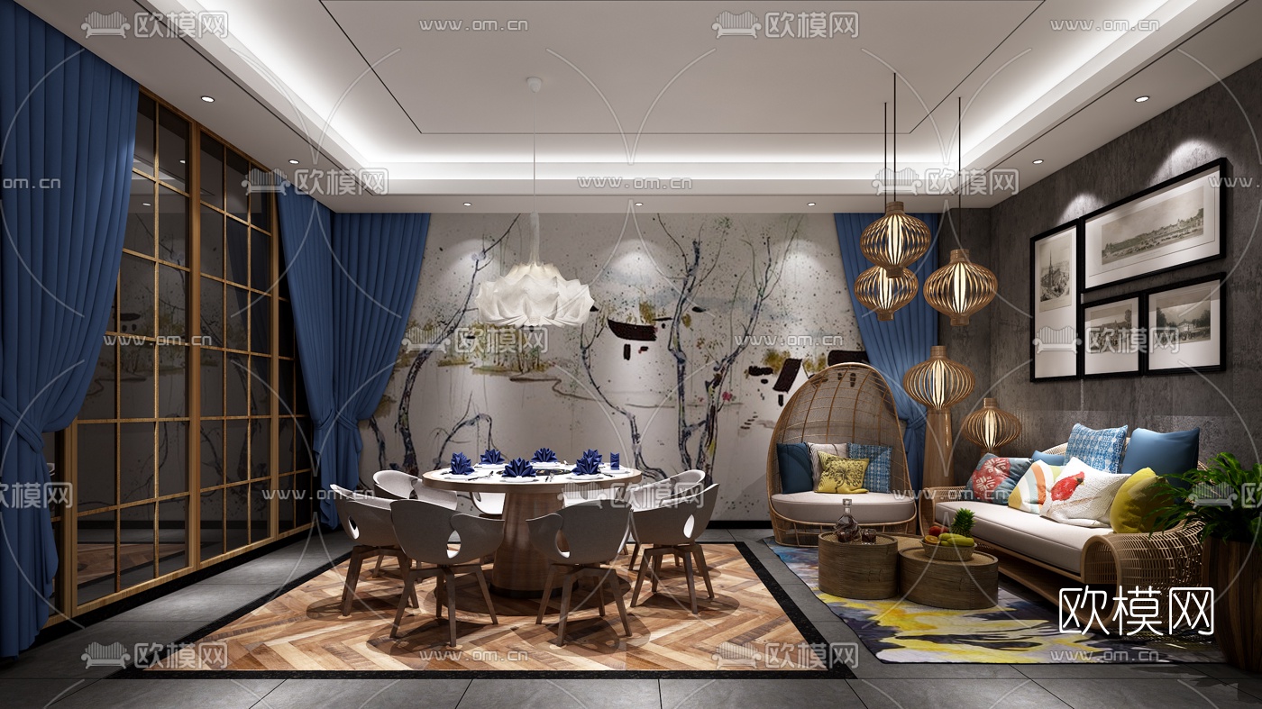 新中式酒店餐厅包房3D模型-免费3dmax模型库-欧模网