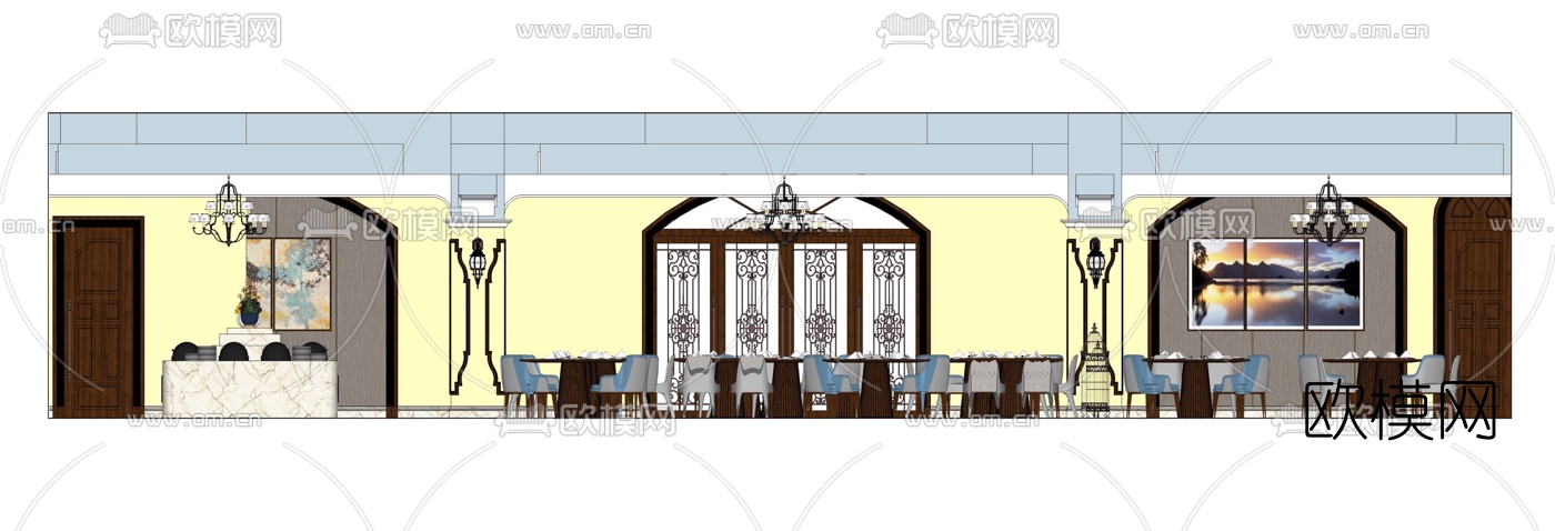 现代酒店宴会厅餐厅su模型下载（渲染图3）