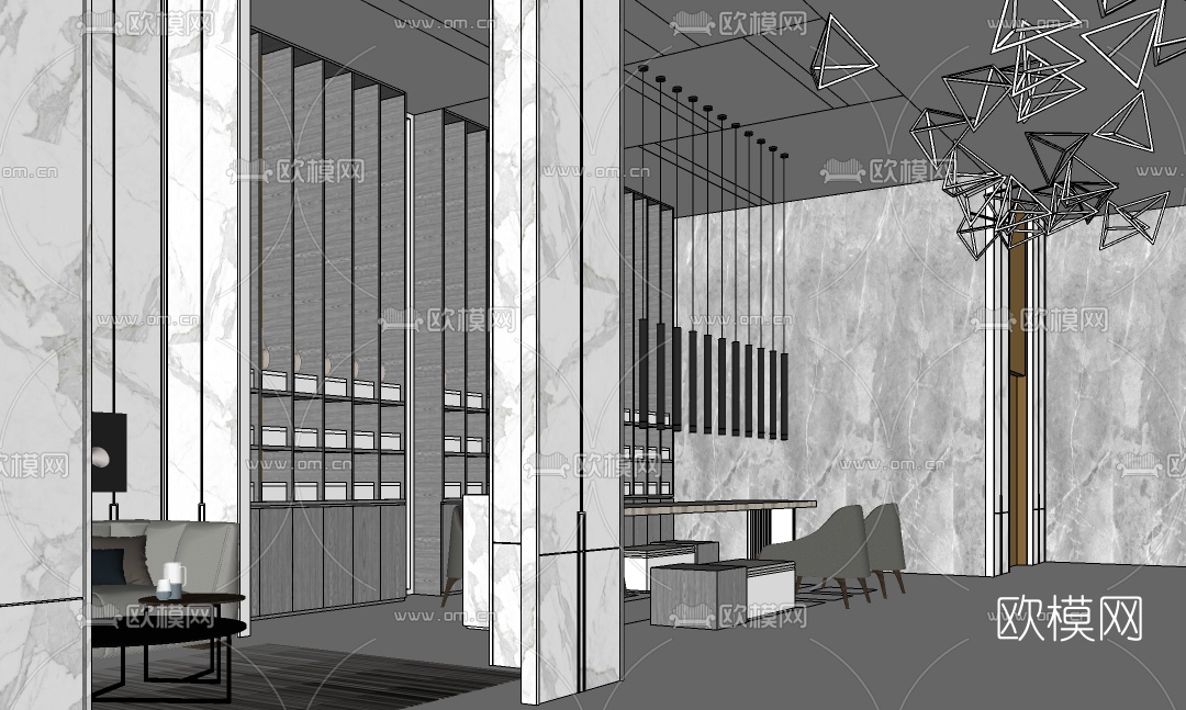 现代办公前台大堂接待区su模型下载（渲染图1）