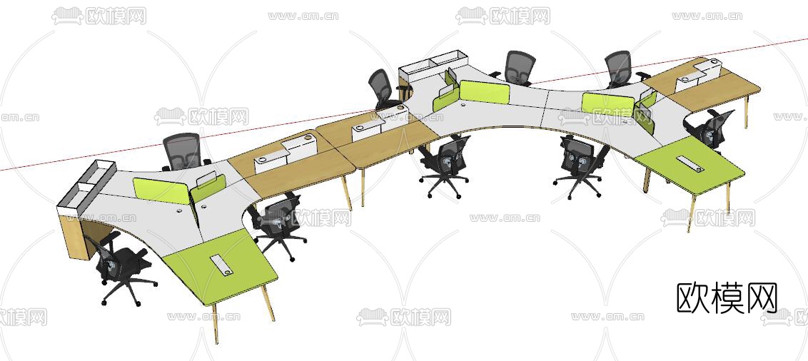 现代卡座办公桌椅组合su模型下载（渲染图1）