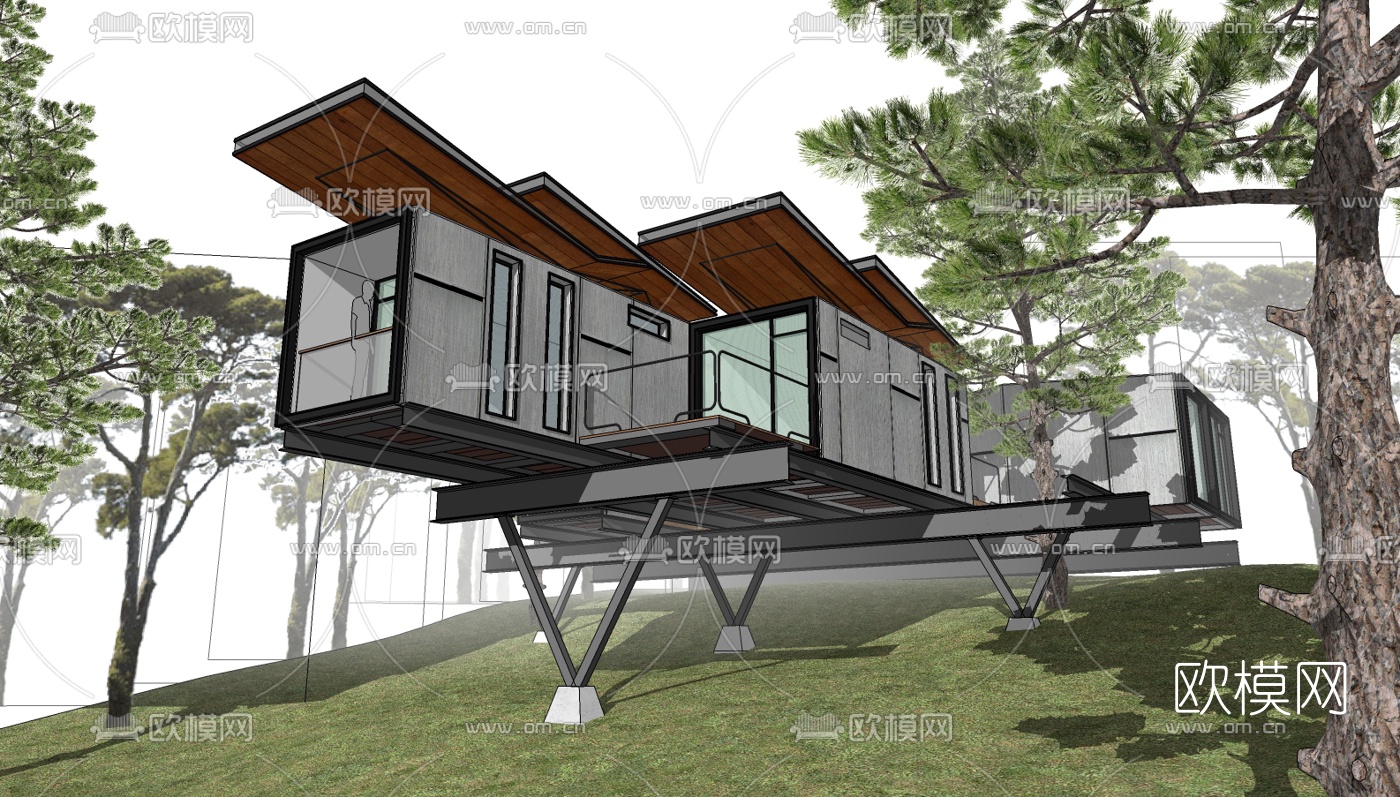 现代悬挑式独栋别墅su模型下载（渲染图1）