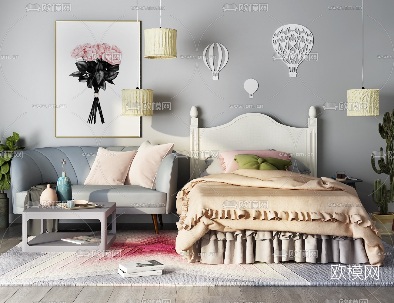 现代单人床沙发茶几吊灯组合3D模型下载