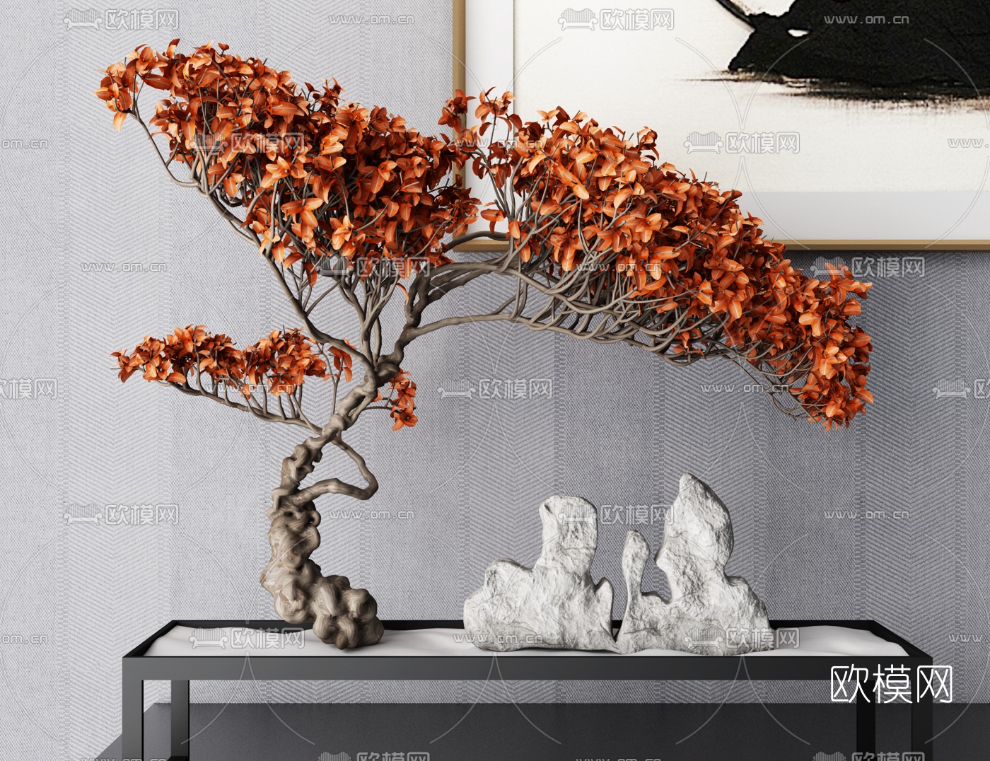 新中式摆件假山松树盆景3d模型下载