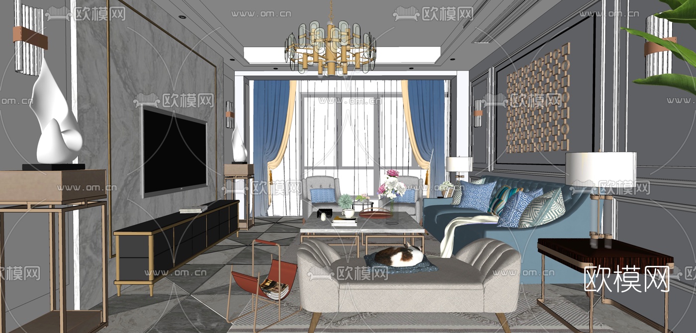 简美客厅su模型下载