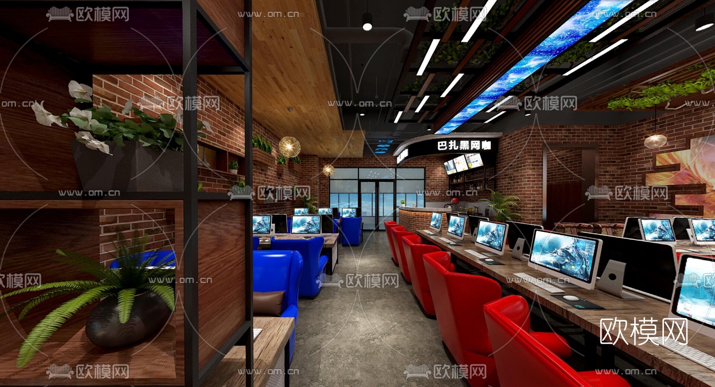 工业风网吧网咖全景3d模型