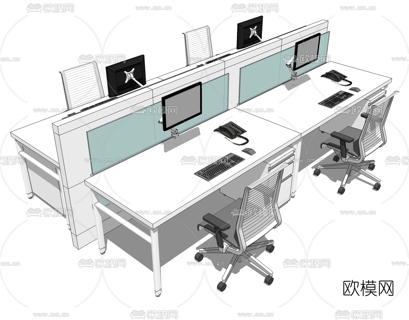 现代办公桌椅组合su模型下载（渲染图1）