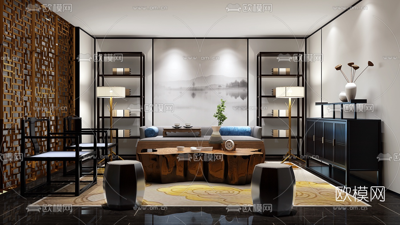 新中式沙发茶几边柜组合3D模型下载