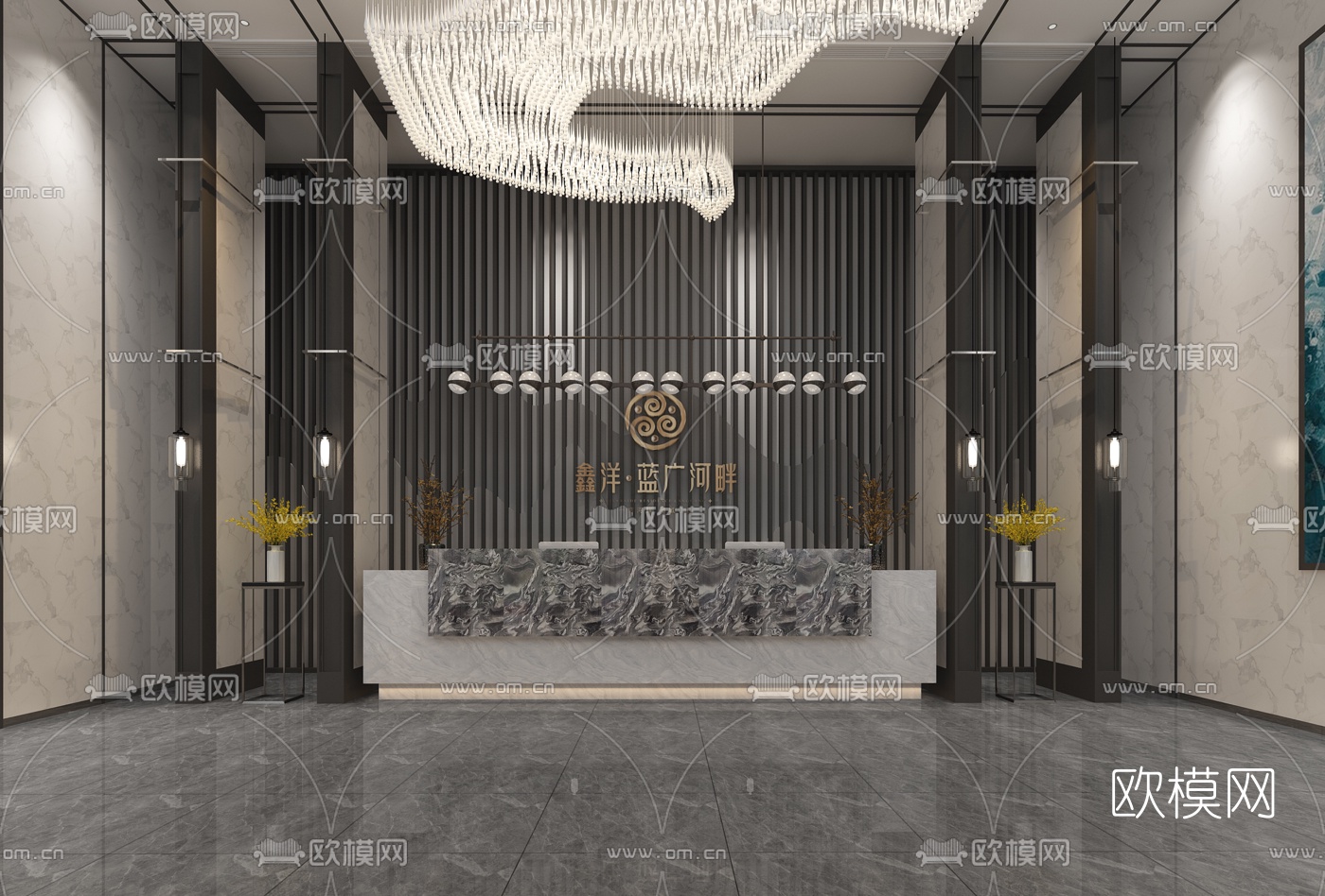 新中式售楼处前台大堂吧3D模型