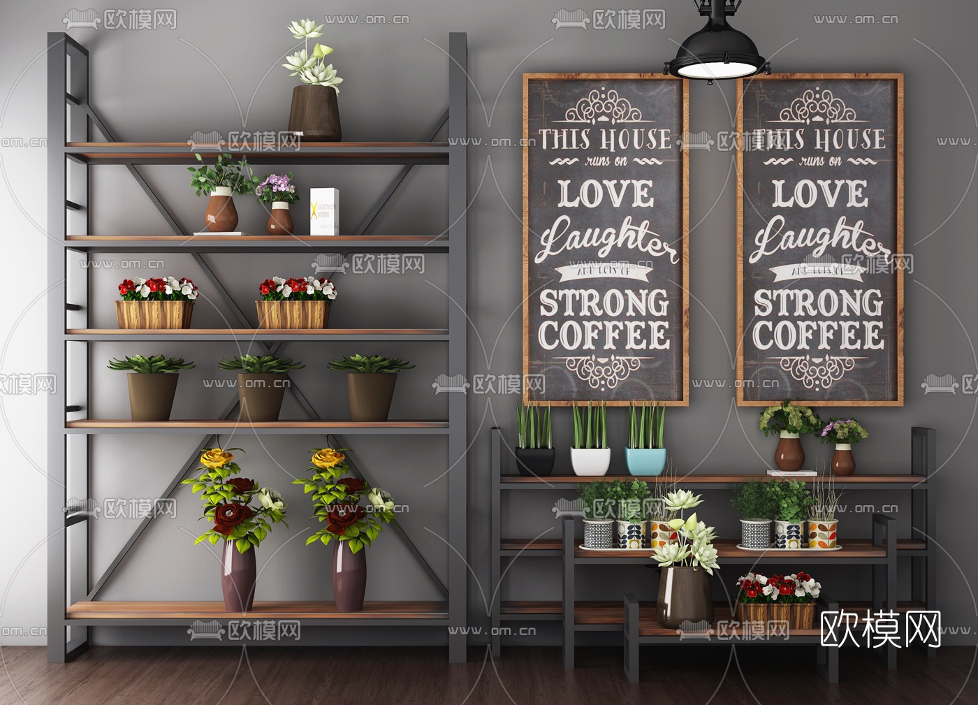 工业风植物商品展架吊灯组合3D模型下载