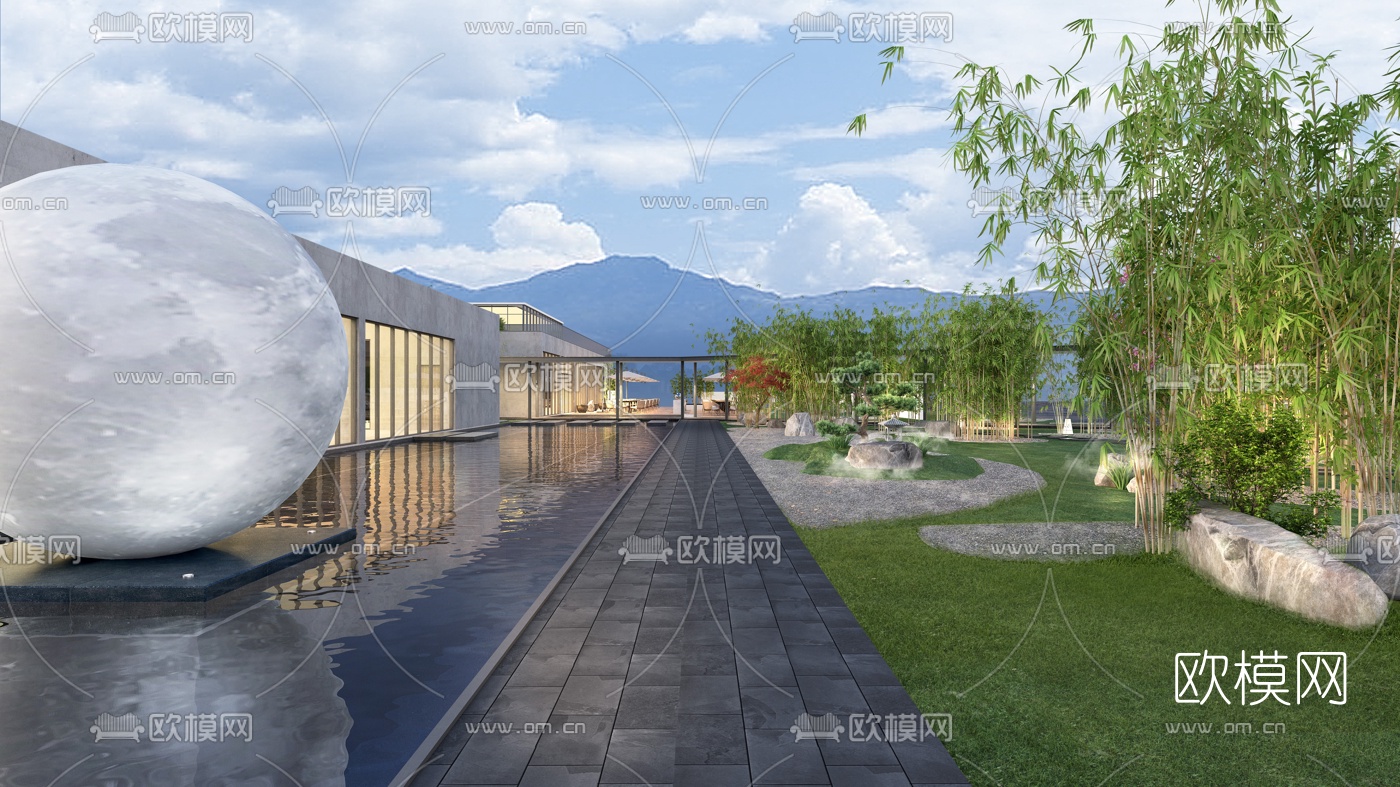 新中式酒店园林景观3d模型