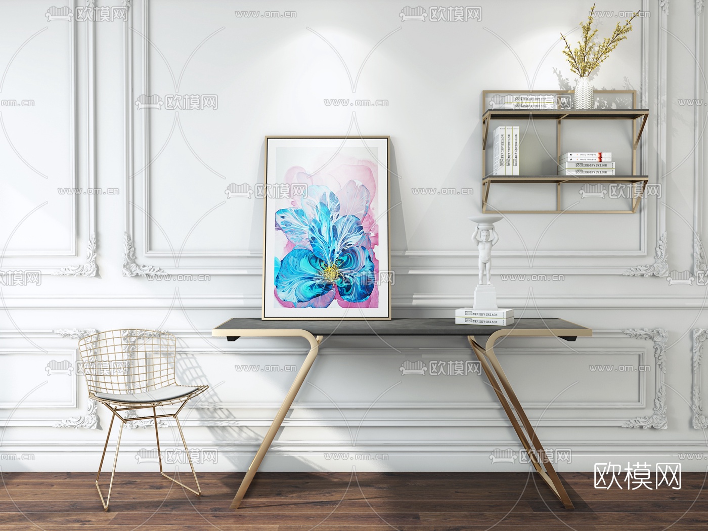后现代玫瑰金端景条案单椅置物架装饰画摆件3D模型下载（渲染图1）